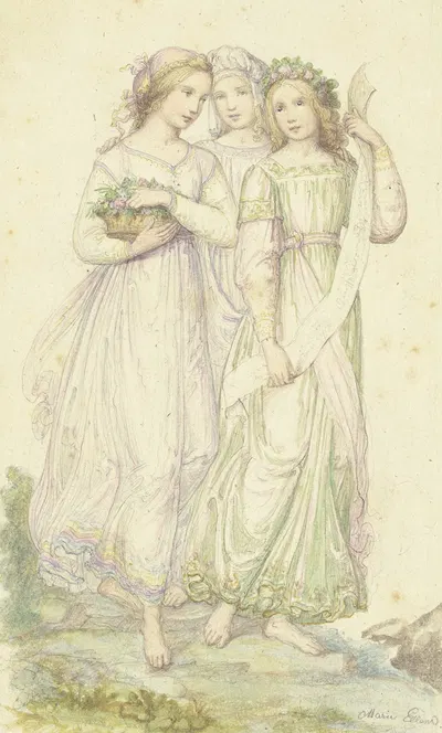 Three girls with flowers by Мари Элленридер — digital art print download