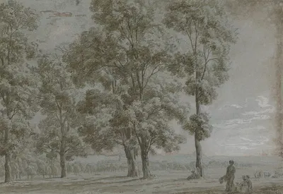 Gruppe von fünf hohen Bäumen mit Durchblick auf eine weite Landschaft, rechts vorne eine sitzende und eine stehende Frau…