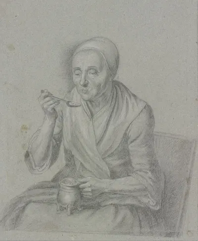 Eine alte Frau, ihr Gericht zur Kühlung anpustend by Martin Dichtl — digital art print download