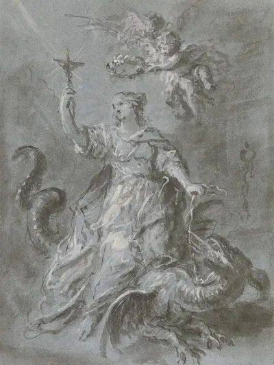 Die Heilige Margarethe auf dem Drachen, von zwei Engeln gekrönt by Мартин Иоганн Шмидт, 1793 — digital art print download