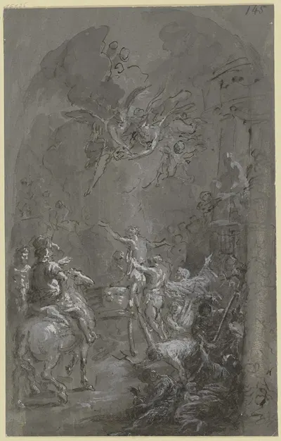 Martyrium des Heiligen Veit, der nackte Heilige, von Folterknechten umgeben, am Ölkessel, in der Luft Engel mit der…