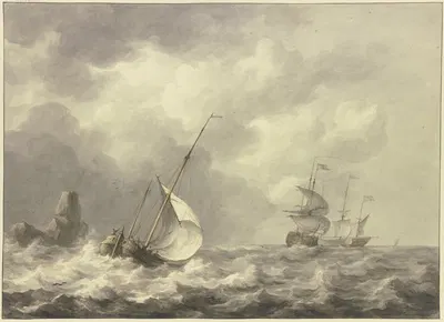 Drei Schiffe und Boot nach rechts, viertes Boot ist in die Brandung eines Felsens geraten. by Мартинус Шоуман — digital art…