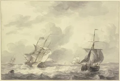 Zwei Schiffe auf bewegter See, links eine Tonne by Мартинус Шоуман — digital art print download