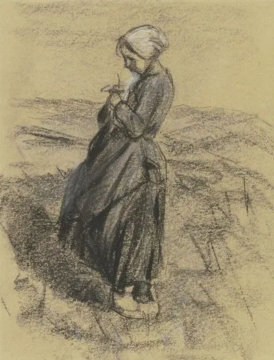 Mädchen auf dem Felde, strickend by Макс Либерман — digital art print download