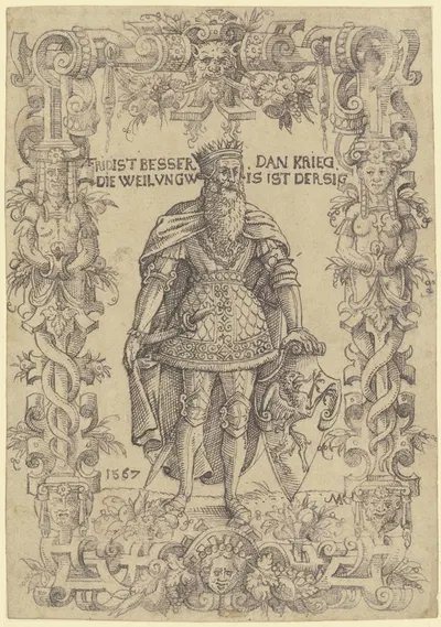 Stehender König, der sich mit der Linken auf ein Greifenwappen stützt by Michel Kirmer, 1567 — digital art print download