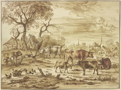 Bei einem Dorf Kühe und Kälber, links bei einem Schubkarren Hühner by Михиел Карре — digital art print download