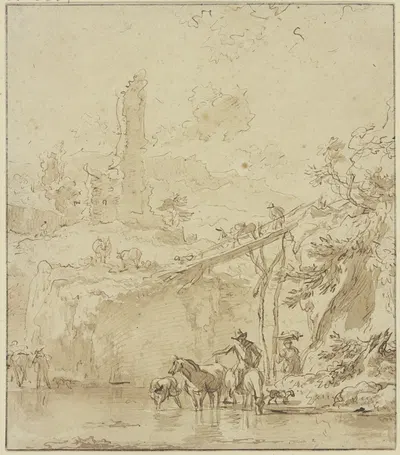 Burgruine, rechts ein hoher Steg, ein Bauer tränkt seine Pferde by Nicolaes Pietersz. Berchem — digital art print download