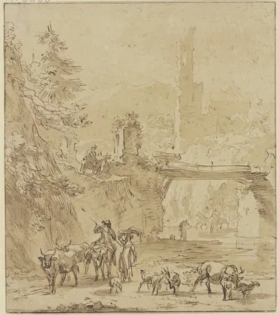 Burgruine, über dem Wasser ein Steg im Vordergrund, Hirte zu Esel und Hirten zu Fuß mit Vieh by Nicolaes Pietersz. Berchem…