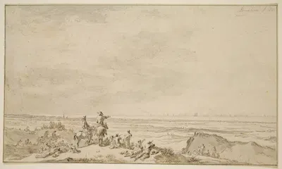 Dünenlandschaft mit Seeschlacht in der Ferne by Николаес Питерсз. Берхем, 1653 — digital art print download