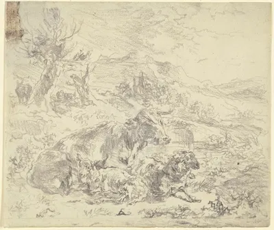 Eine Kuh, eine Ziege und ein Schaf beieinander in einer bergigen Landschaft liegend by Nicolaes Pietersz. Berchem — digital…