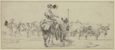 Hirtin zu Pferde, zwei Hirten zu Fuß, bei einer Kuhherde by Николаес Питерсз. Берхем — digital art print download