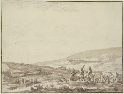 Hügelige Gegend, rechts Hirte und Hirtin auf Eseln reitend mit Vieh by Николаес Питерсз. Берхем — digital art print download