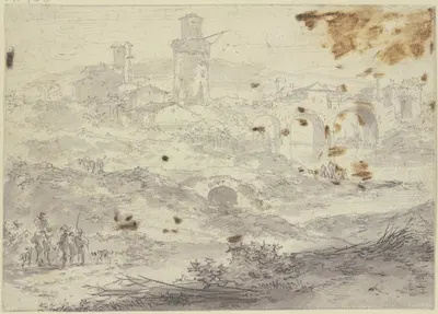 Landschaft mit einer Stadt und einer großen Brücke mit drei Bögen, vorne links drei Figuren by Nicolaes Pietersz. Berchem —…
