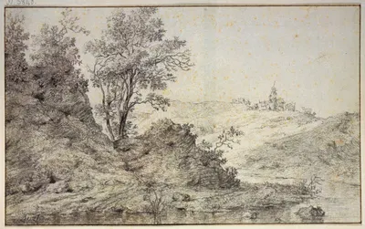 Landschaft mit Wasser, auf dem Hügel Hirte und Hirtin mit Vieh by Николаес Питерсз. Берхем — digital art print download