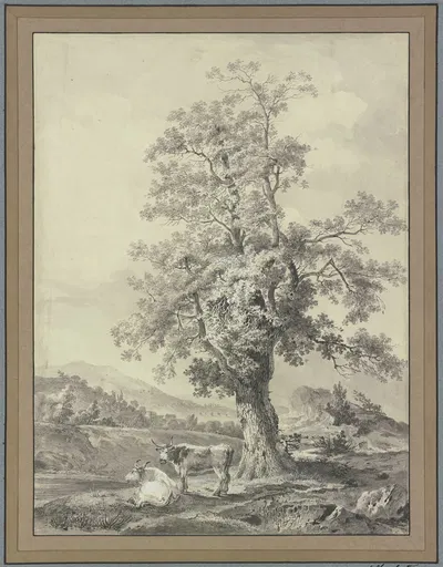 Alter Eichenbaum, unter dem sich zwei Rinder aufhalten by Nicolas Henri Joseph de Fassin — digital art print download