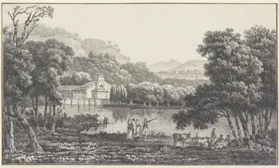 Eine Kirche an einem See, vorn Figuren und Vieh, dabei ein Jäger by Nicolas Joseph Vergnaux — digital art print download