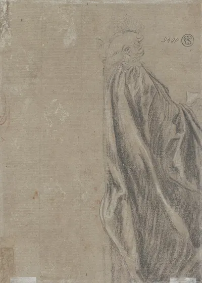 Gewandfigur in Rückansicht mit ausgestrecktem rechten Arm by Николас Ланкре — digital art print download