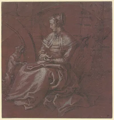 Sitzende Frau mit einem Hund by Niklaus Manuel, 1510-1520 — digital art print download