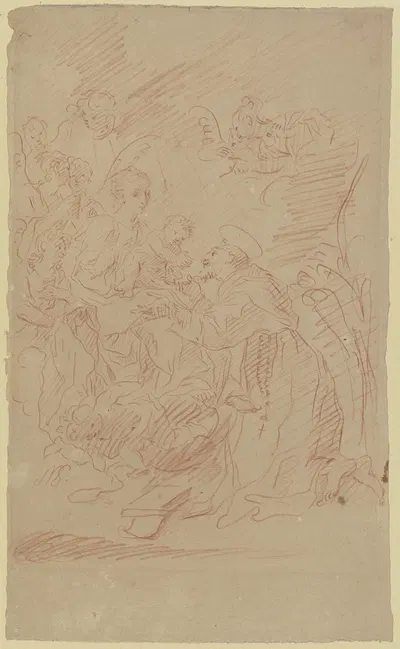 Vor der von Engeln umgebenen Madonna kniet rechts ein heiliger Mönch by Nikolaus Gottfried Stuber — digital art print…