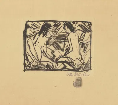 Ein sitzendes und ein kniendes Mädchen unter Blättern by Отто Мюллер, 1920 — digital art print download