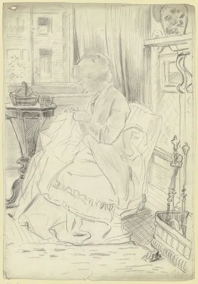 Luise Scholderer am Nähtisch, mit einer Handarbeit by Отто Шольдерер, 1871 — digital art print download