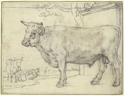Stier nach links, hinten zwei Kühe und eine Melkerin by Паулус Поттер — digital art print download