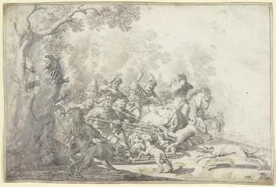 Viele Jäger zu Pferde und zu Fuß erlegen einen großen Eber by Паулус Поттер, 1641 — digital art print download