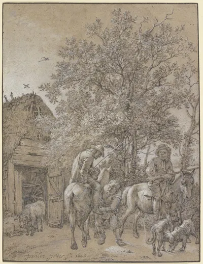 Vor einer Hütte halten zwei Reiter by Паулус Поттер, 1646 — digital art print download
