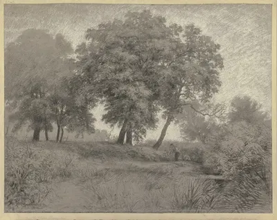 Mann auf einer bei der Gerbermühle gelegenen Wiese unter hohen Bäumen mähend by Петер Бурниц — digital art print download