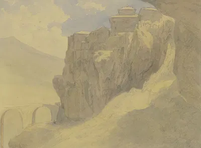 Spanische Landschaft, Dorf auf Felsen by Петер Бурниц — digital art print download