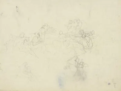 Götterversammlung, die Figur eines Apoll mit Lyra und Bacchusknaben unten zweimal wiederholt by Петер фон Корнелиус —…