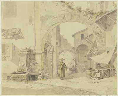 Straße in einem italienischen Städtchen (Tivoli), links ein Brunnen, rechts eine Gemüsehändlerin by Петер фон Хесс, 1817 —…