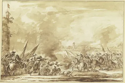 Reiterangriff auf Infanterie vor den Toren einer Stadt by Филип Джеймс де Лутербург — digital art print download
