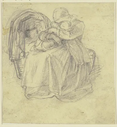 A girl sits by a cradle and holds a small child on her lap with both arms, their faces nestled together by Филипп Румпф —…