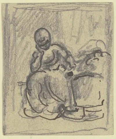Frau, mit aufgestütztem Kopf an einer Wiege sitzend by Филипп Румпф — digital art print download