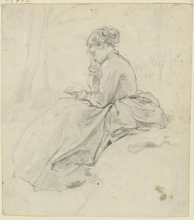 Sitzende Frau mit Buch auf einer Rasenbank by Филипп Румпф — digital art print download