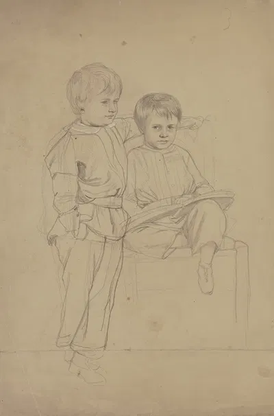 Porträt zweier kleiner Jungen; einer auf einem Stuhl sitzend, ein Buch in der Hand, der andere links von ihm by Филипп…