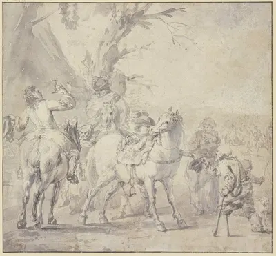 Reiter erquicken sich vor einer Wirtschaft, rechts ein Bettler mit Stelzfuß by Philips Wouwerman — digital art print download