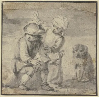 Zwei Knaben bei einem Hunde, der rechts sitzt by Филипс Вауверман — digital art print download