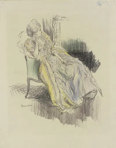 Rokokodame in einem Sessel sitzend, Blick in den Spiegel by Пьер Жорж Жанио — digital art print download