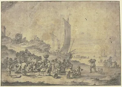 Strand bei Scheveningen, im Vordergrund Bauern und Fischhändler bei einem Karren, rechts Ausblick auf das Meer by Питер Бут…