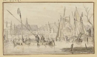 Kanal bei einer Stadt mit Schiffen belebt by Pieter Coopse — digital art print download