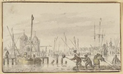 Winterlandschaft, vier Männer hauen das Eis auf by Pieter Coopse — digital art print download