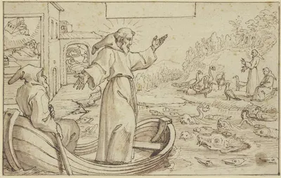 Der Heilige Franziskus predigt den Tieren, unterdessen träumt Papst Innozenz III. von der Rettung der Kirche durch den…