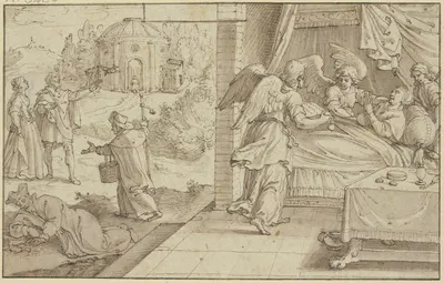Eine Heilige krank im Bette liegend, von Engeln getröstet by Pieter de Jode I — digital art print download