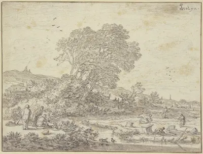 Baumpartie am Wasser, Leute sind auf dem Felde beschäftigt, links am Bach drei Angler by Pieter de Molijn — digital art…