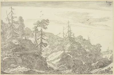 Felsige Gebirgsgegend mit Tannen, links auf einem Felsen ein Holzhaus by Pieter de Molijn, 1659 — digital art print download