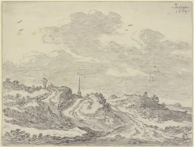 Hügeliges Terrain mit Schafherde und Schäfer, in der Ferne ein Kirchturm by Питер де Молейн, 1654 — digital art print…