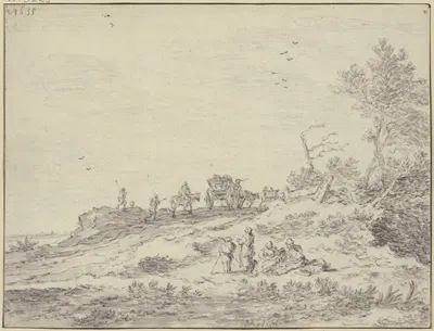 Wagen, Reiter und Fußgänger auf abschüssigem Terrain, im Vordergrund eine Gruppe ruhender Wanderer by Pieter de Molijn,…