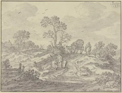 Weg über einen Hügel mit einem Wagen und einem Reiter vorn drei Figuren by Pieter de Molijn — digital art print download